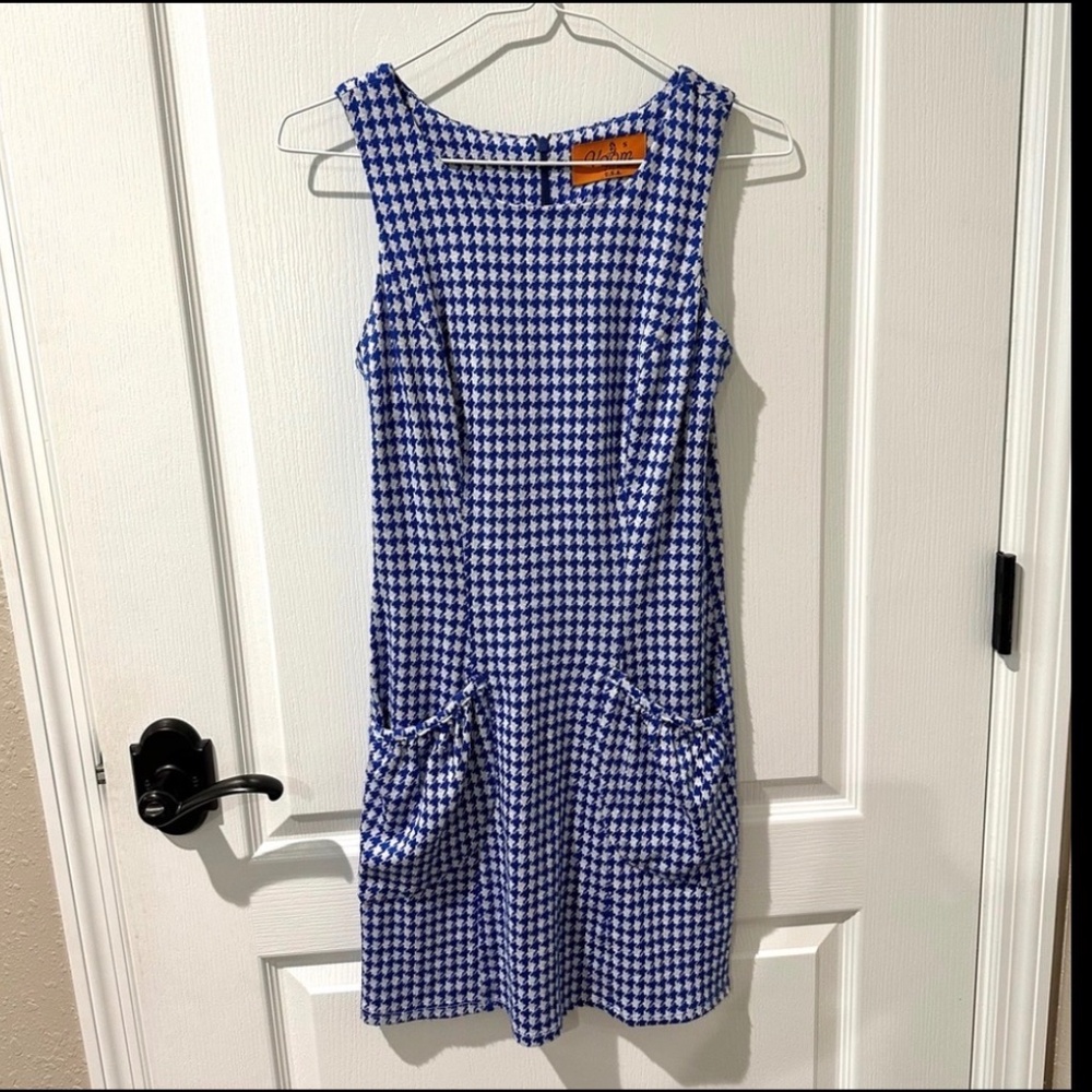 Vintage Voom by Joy Han Blue and White Houndstooth Sleeveless Sheath Dress Sz S